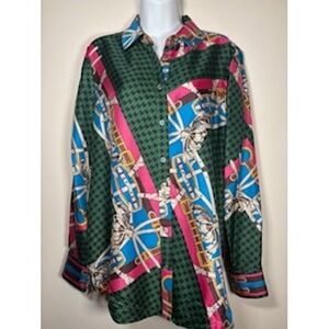 Carlisle Collection Green Houndstooth Silk Equestrian Print Blouse Shirt Size 10
